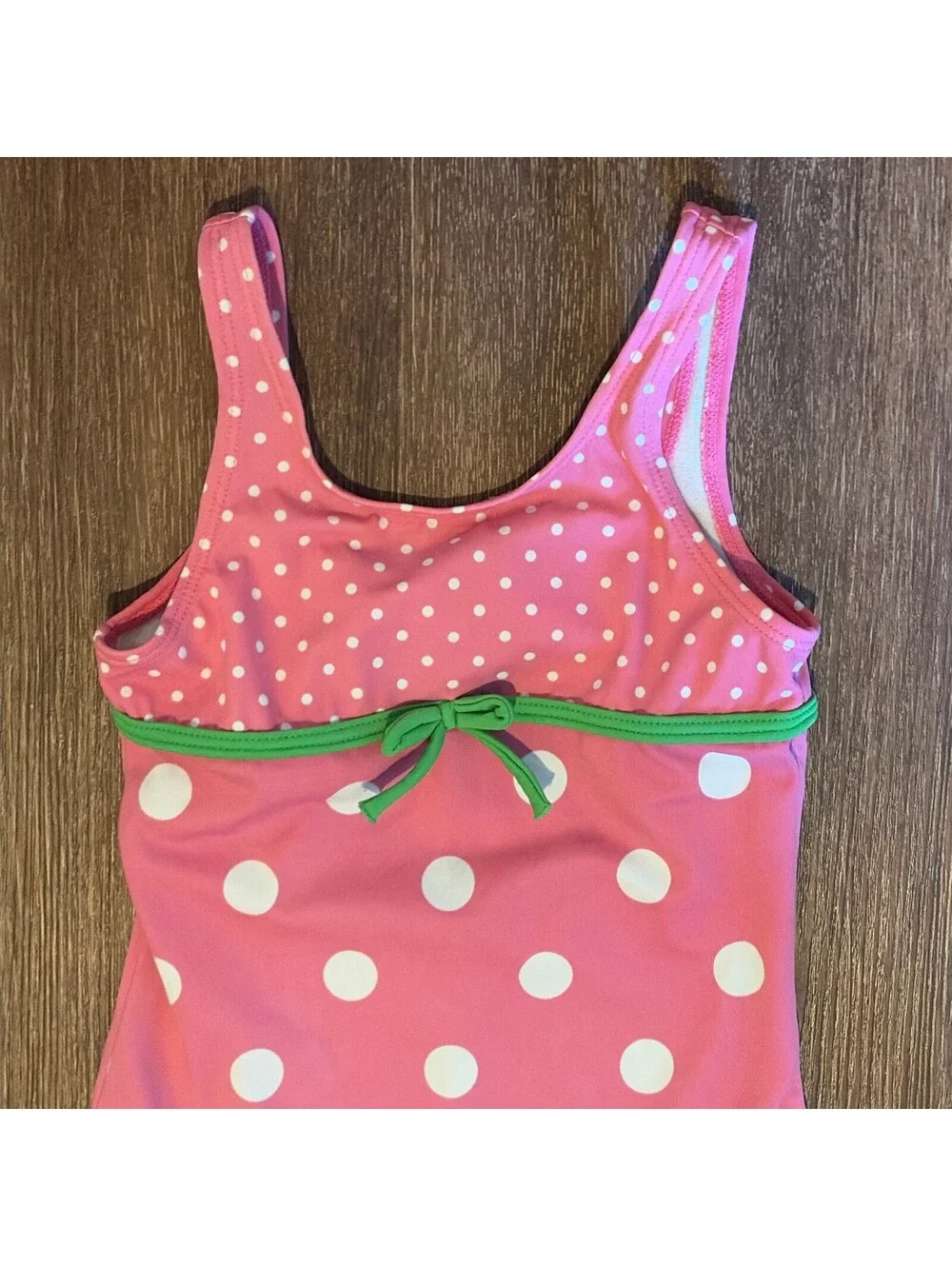 Gymboree Girls Size 6 Pink Strawberry Polka Dot One Piece Swimsuit Green Bow